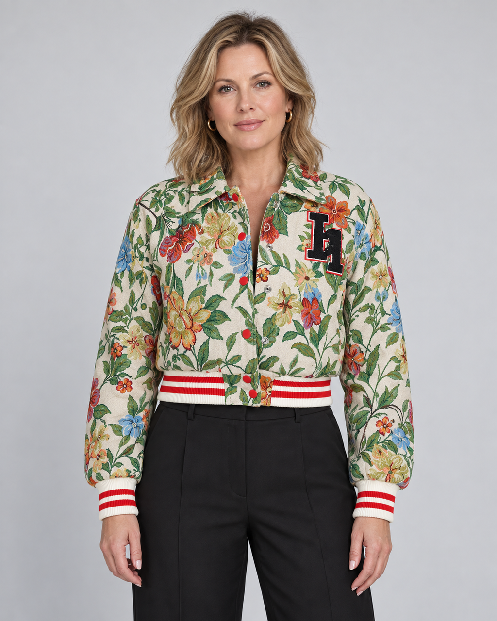 HARA™ - Chic Floral Print Collared Crop Long Sleeve Jacket