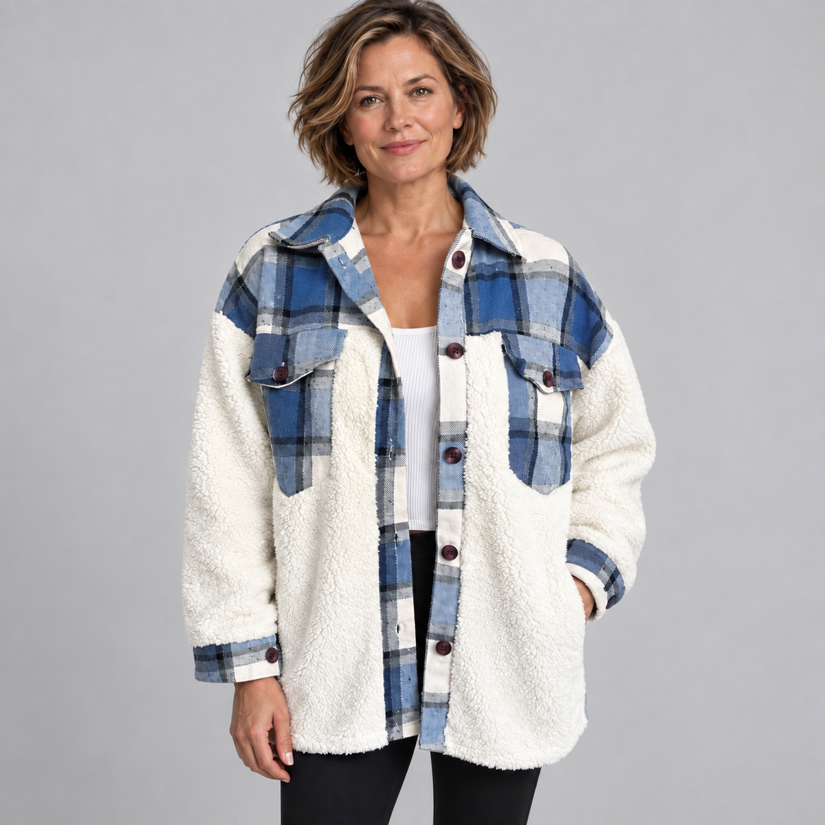 SUNNIE™ - Cozy Long Sleeve Button Down Checkered Jacket