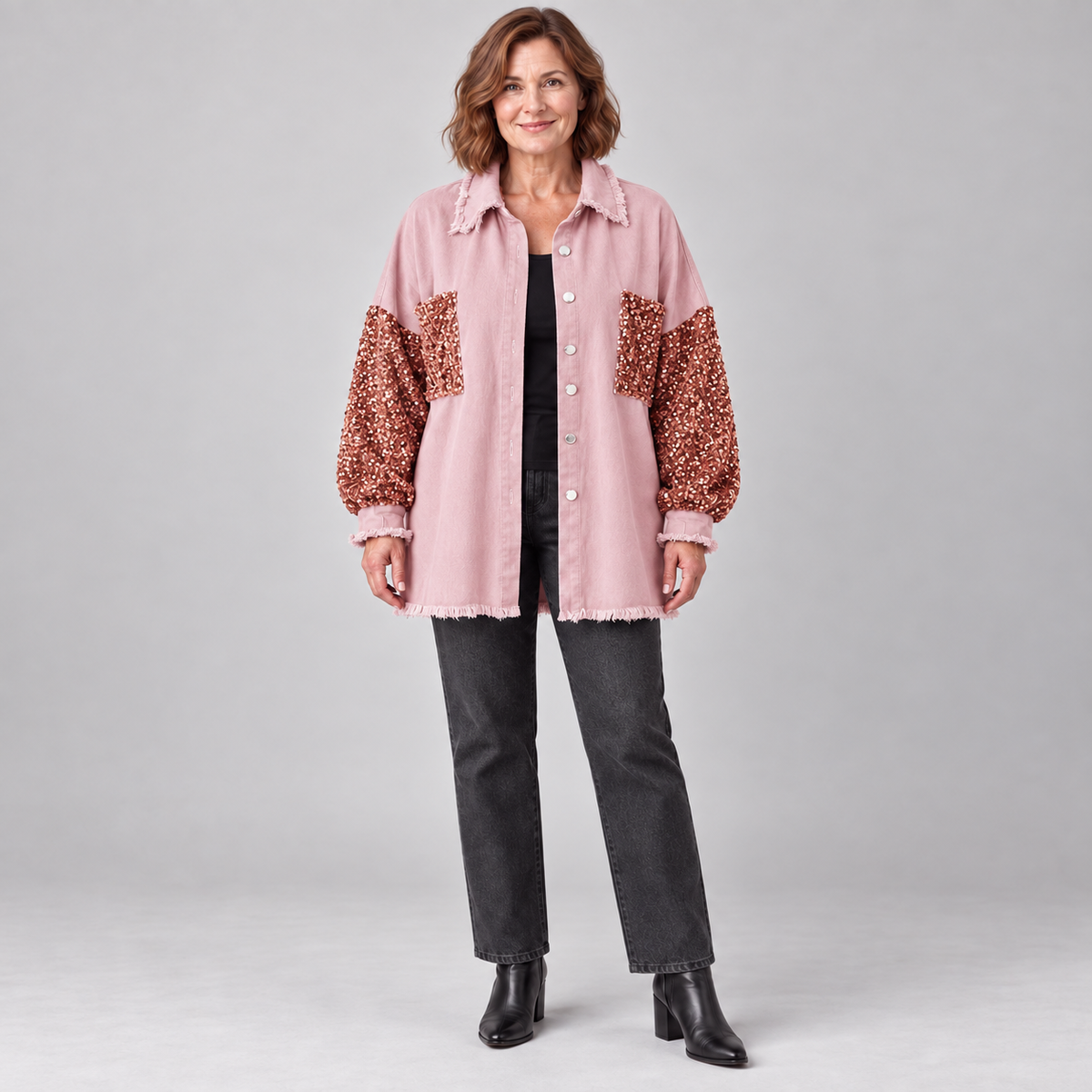 NENITA™ - Chic Oversized Sequin Hem Collared Button Down Jacket