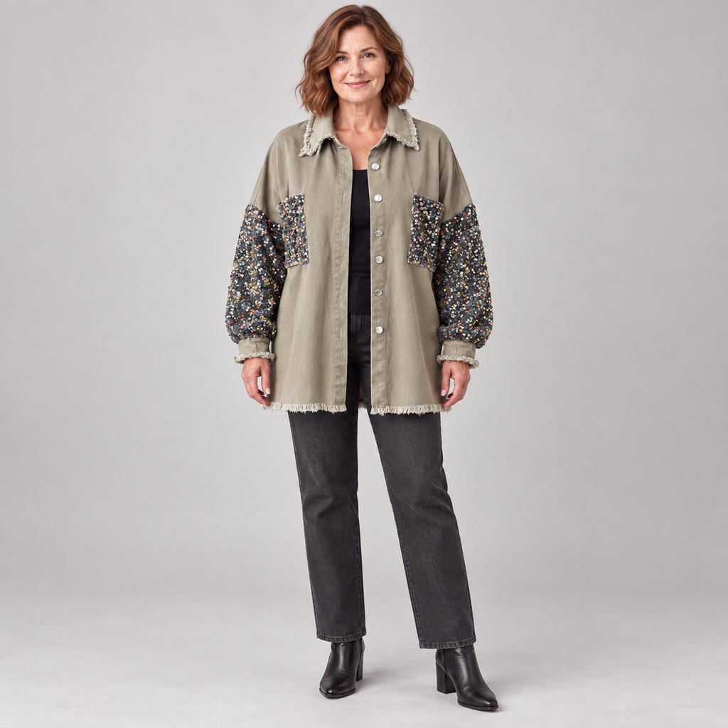 NENITA™ - Chic Oversized Sequin Hem Collared Button Down Jacket