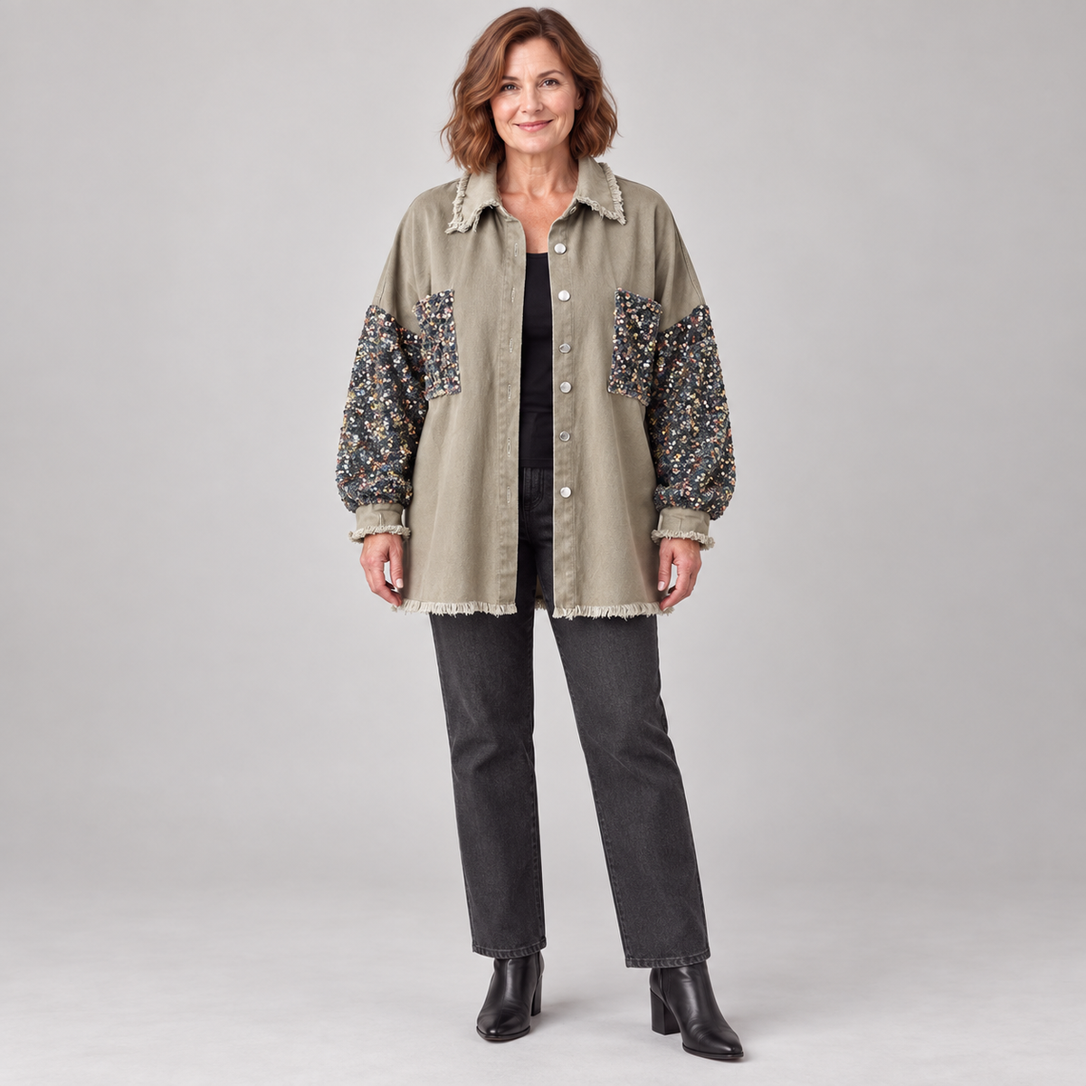 NENITA™ - Chic Oversized Sequin Hem Collared Button Down Jacket