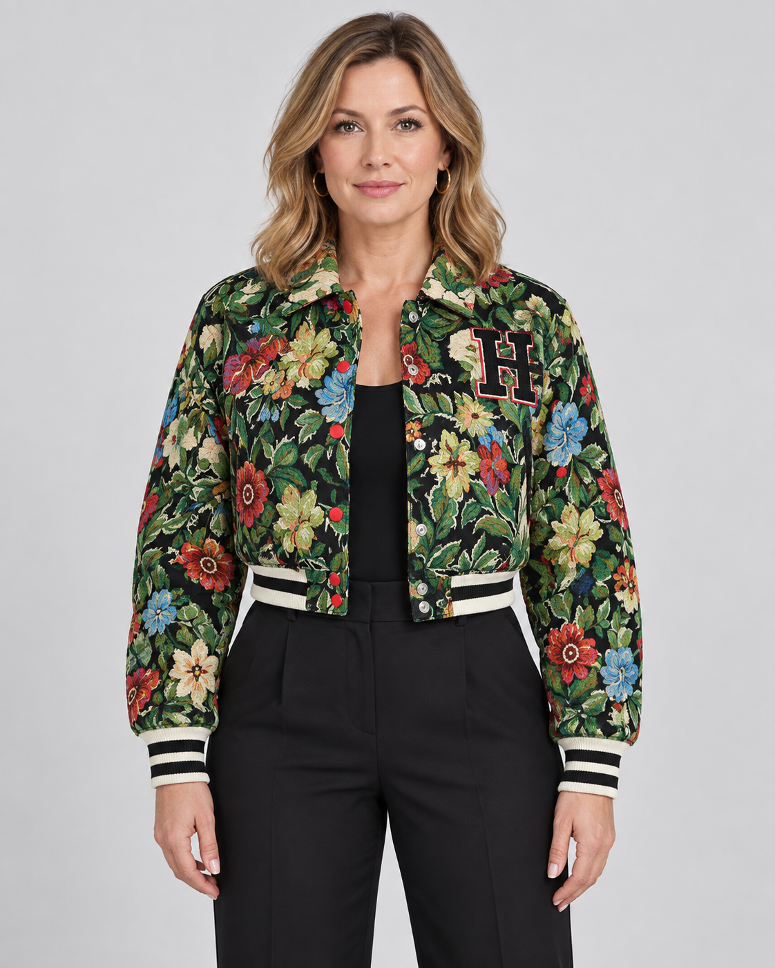 HARA™ - Chic Floral Print Collared Crop Long Sleeve Jacket