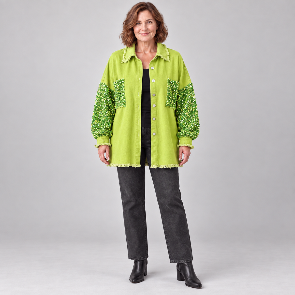 NENITA™ - Chic Oversized Sequin Hem Collared Button Down Jacket