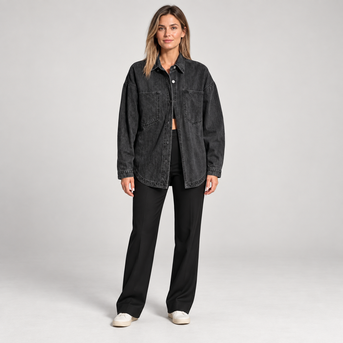 Women's Oversized Button Down Washed Denim Jacket Long Sleeve