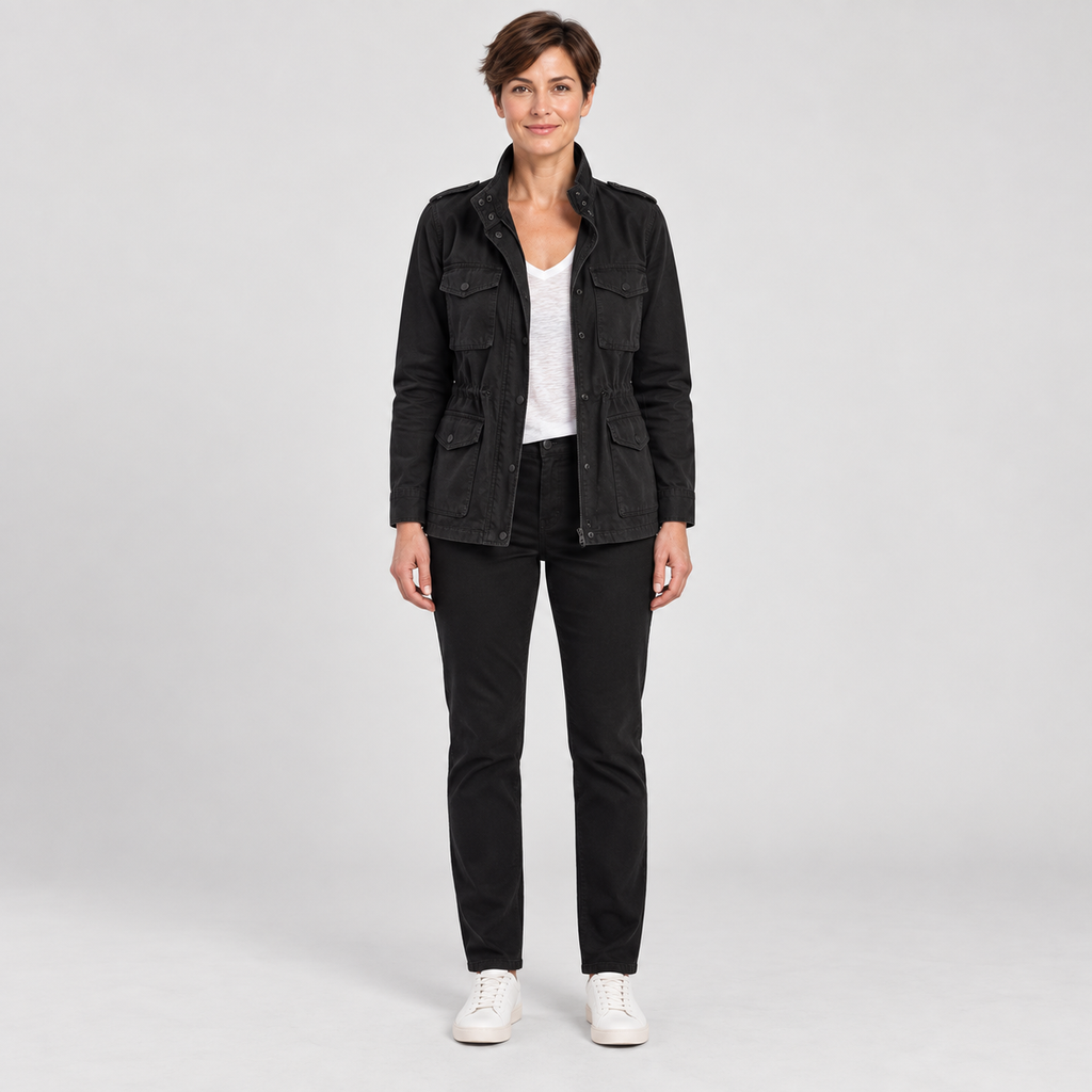 Women's Utility Cargo Jacket with Multi Pocket Drawstring Waist