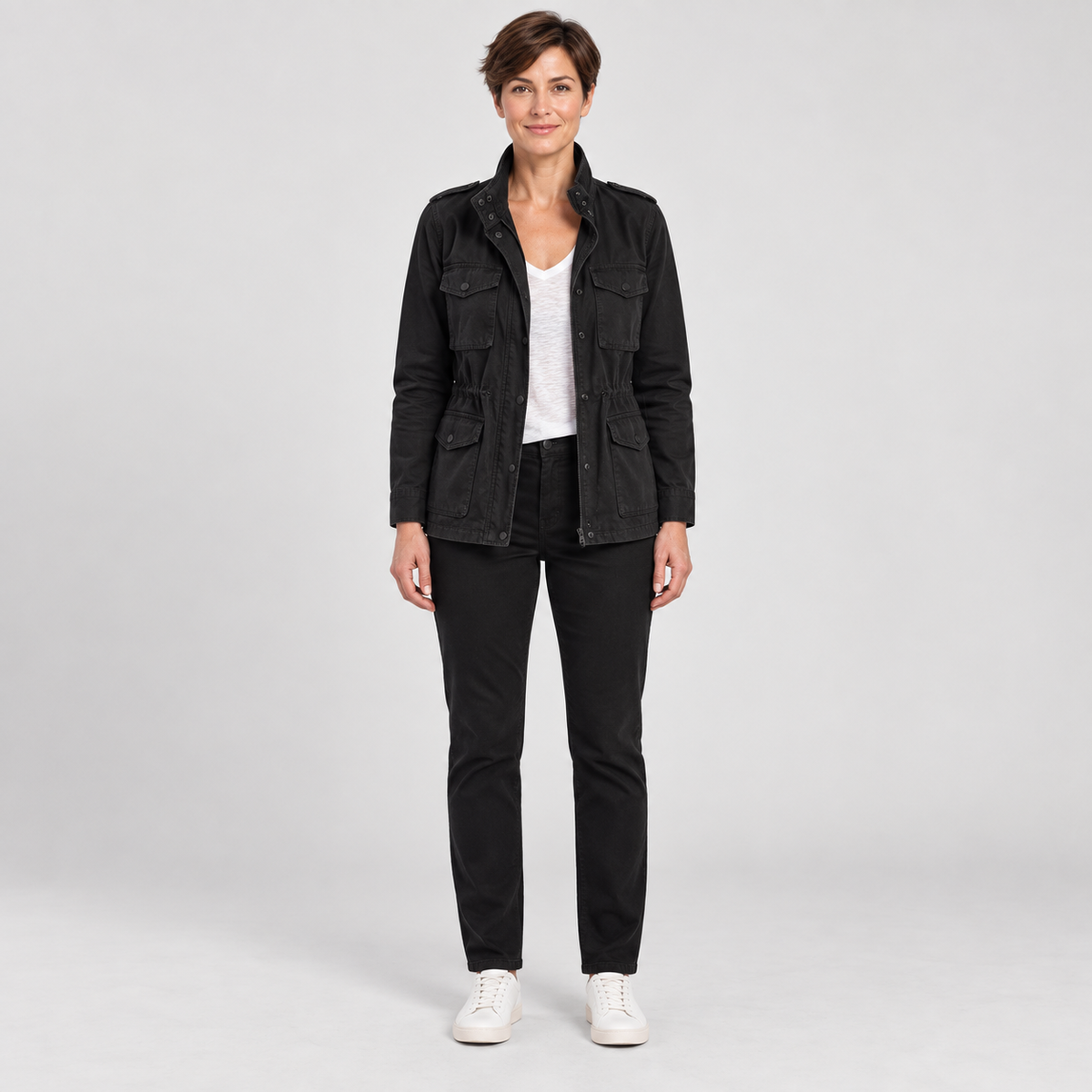 Women's Utility Cargo Jacket with Multi Pocket Drawstring Waist