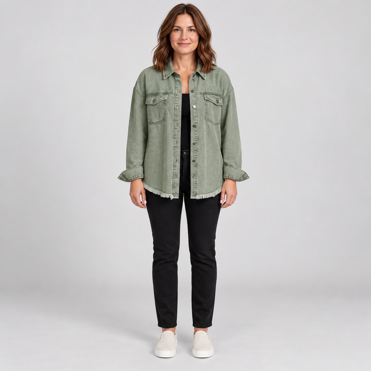 Women's Raw Hem Snap Button Washed Denim Jacket