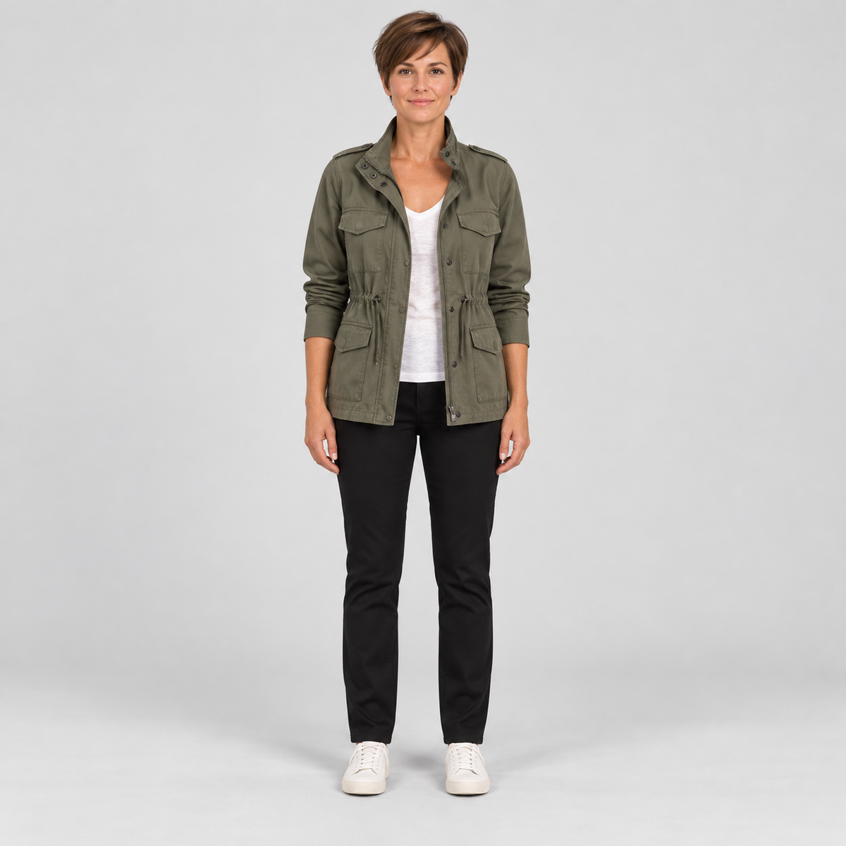 Women's Utility Cargo Jacket with Multi Pocket Drawstring Waist