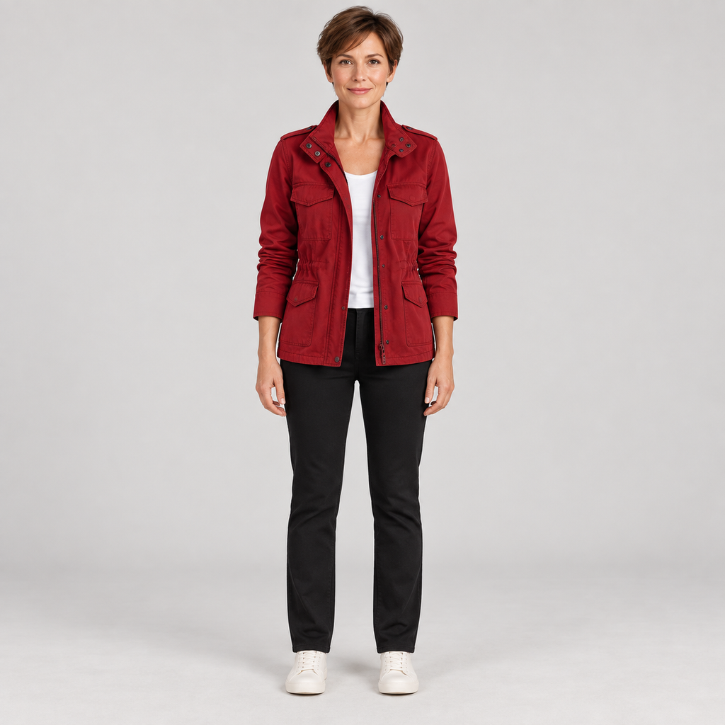 Women's Utility Cargo Jacket with Multi Pocket Drawstring Waist