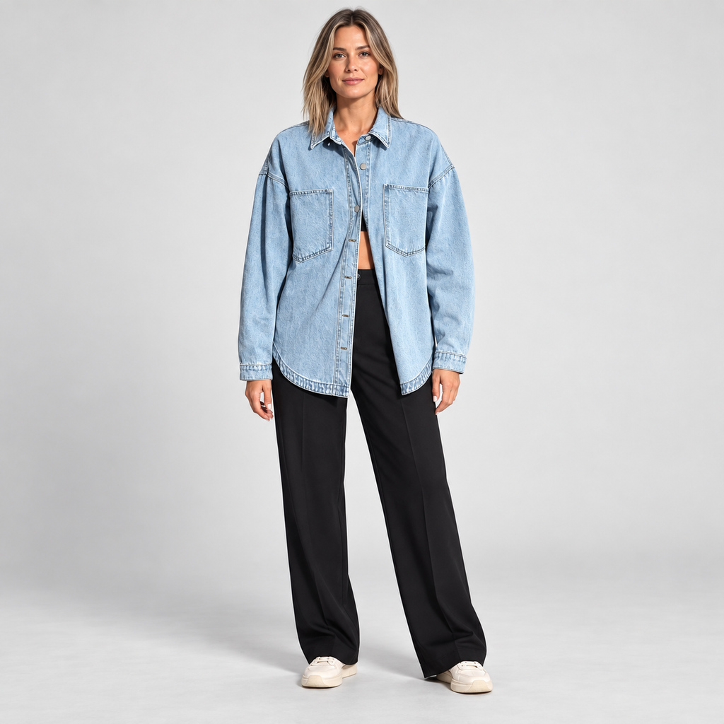 Women's Oversized Button Down Washed Denim Jacket Long Sleeve