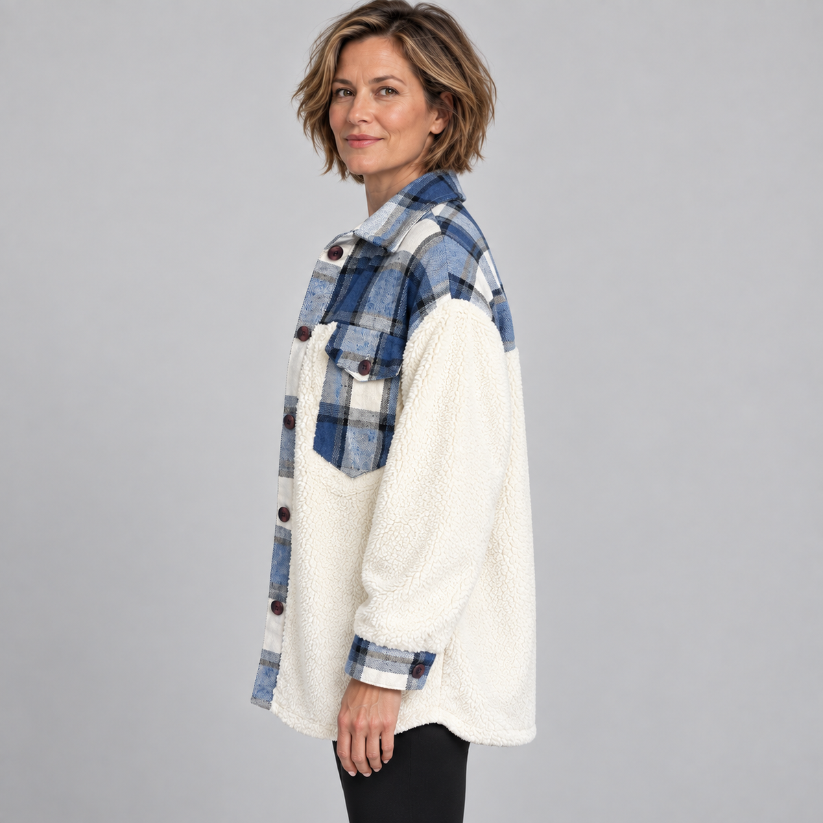 SUNNIE™ - Cozy Long Sleeve Button Down Checkered Jacket