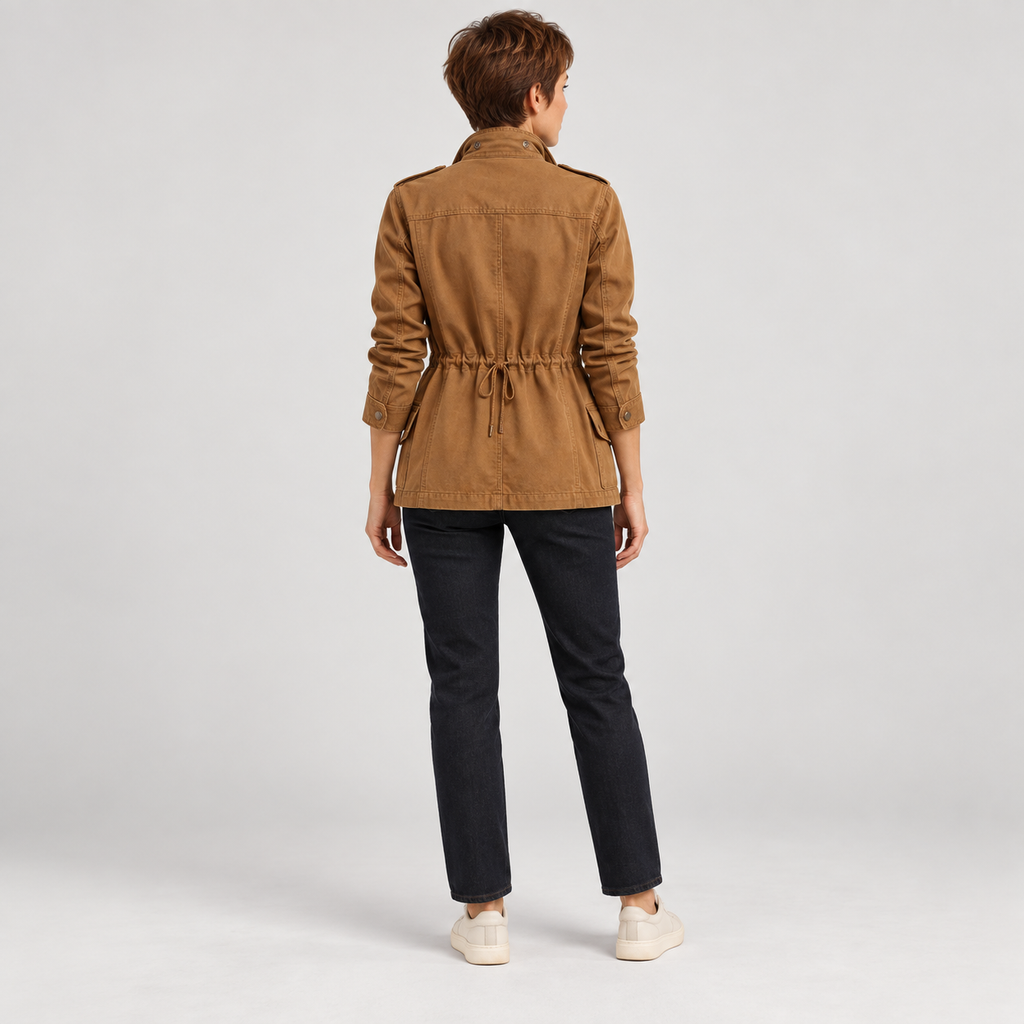 Women's Utility Cargo Jacket with Multi Pocket Drawstring Waist