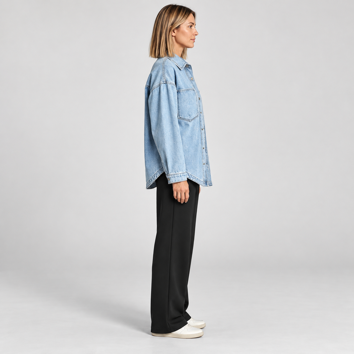 Women's Oversized Button Down Washed Denim Jacket Long Sleeve