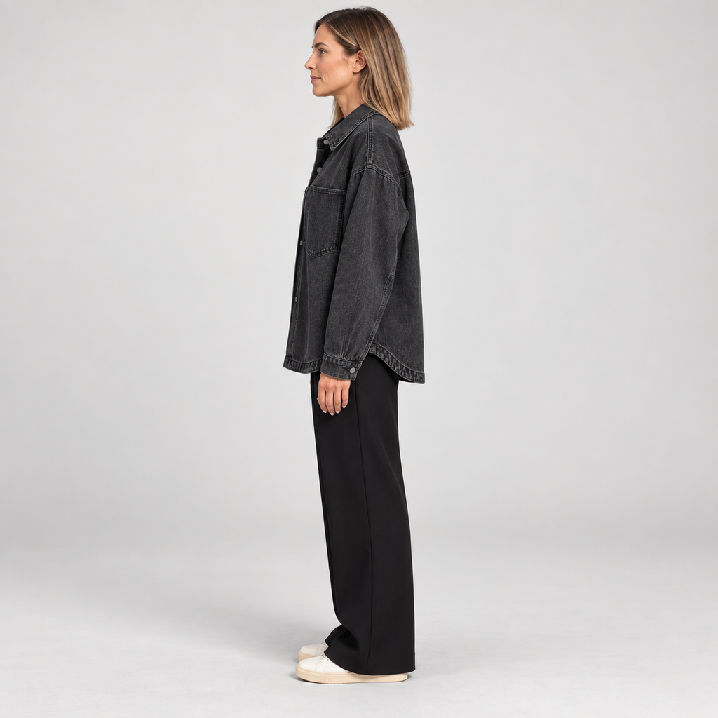 Women's Oversized Button Down Washed Denim Jacket Long Sleeve