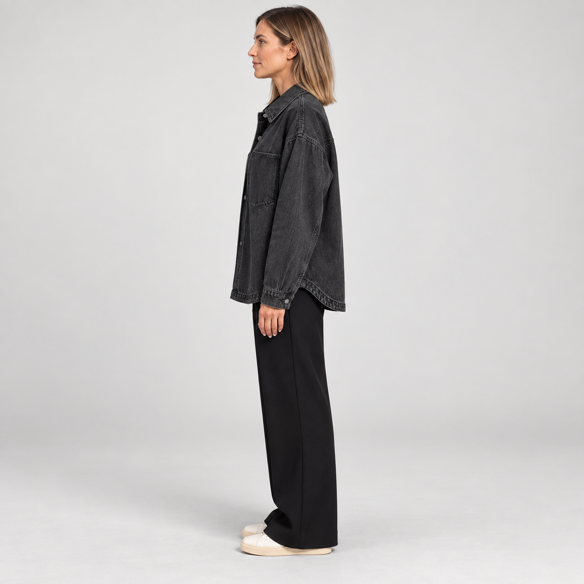 Women's Oversized Button Down Washed Denim Jacket Long Sleeve