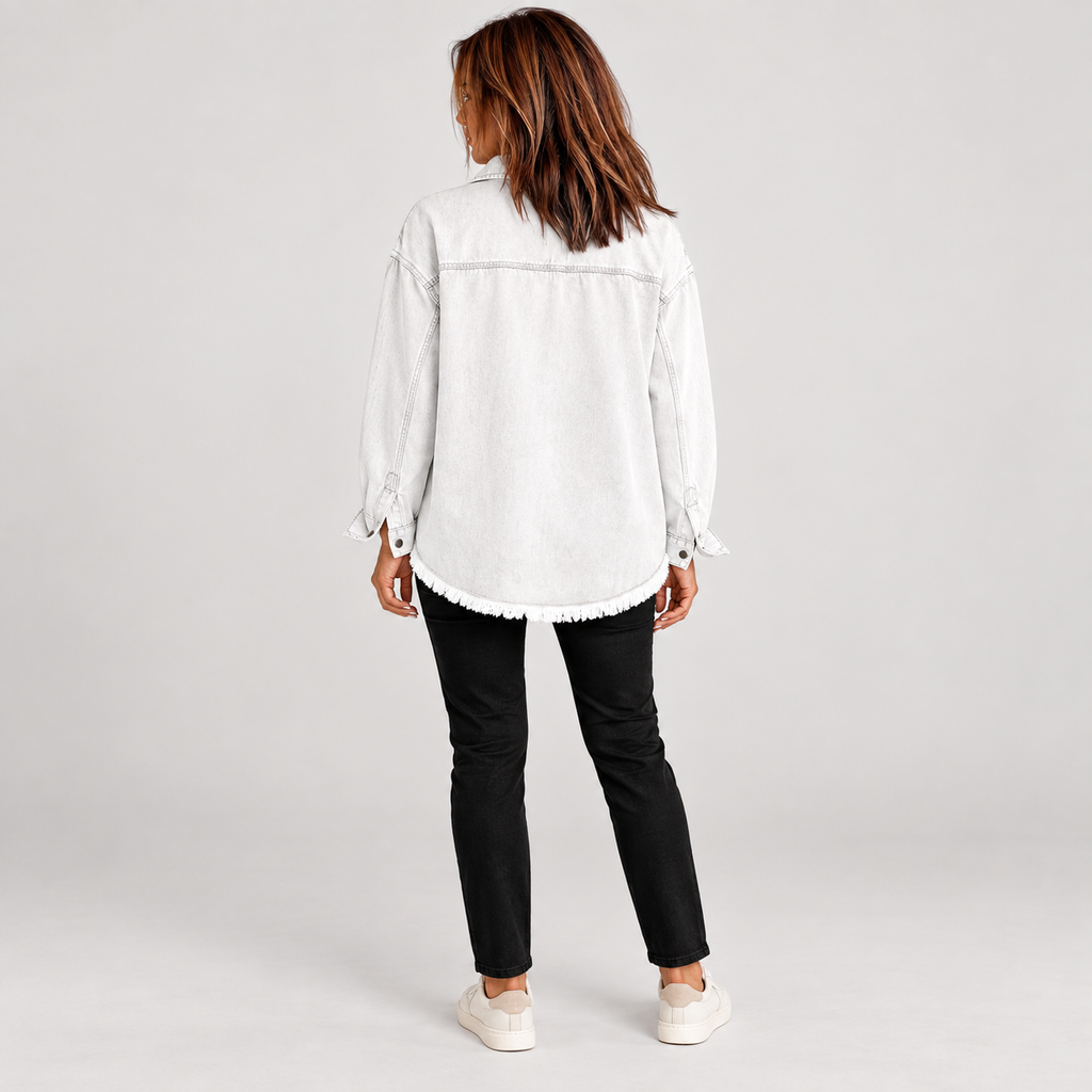 Women's Raw Hem Snap Button Washed Denim Jacket