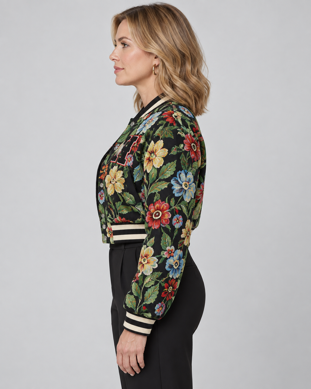 HARA™ - Chic Floral Print Collared Crop Long Sleeve Jacket