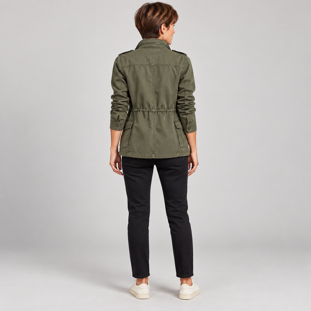 Women's Utility Cargo Jacket with Multi Pocket Drawstring Waist