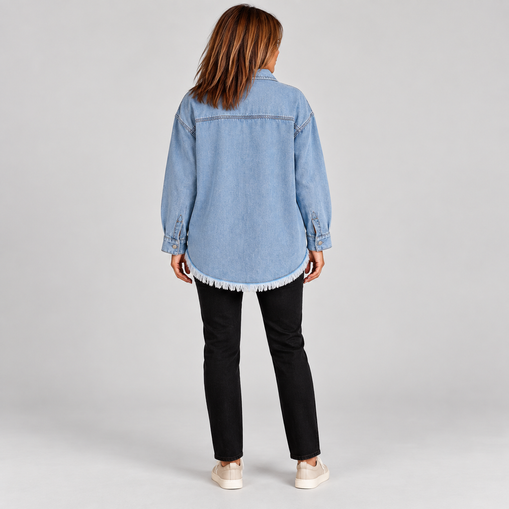 Women's Raw Hem Snap Button Washed Denim Jacket