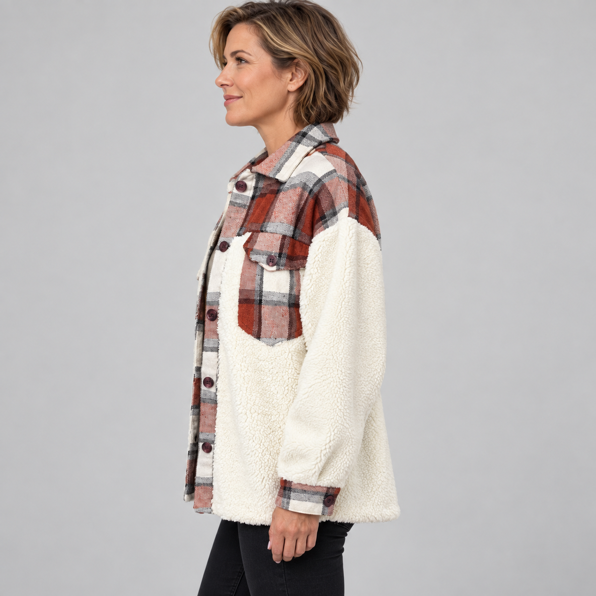 SUNNIE™ - Cozy Long Sleeve Button Down Checkered Jacket