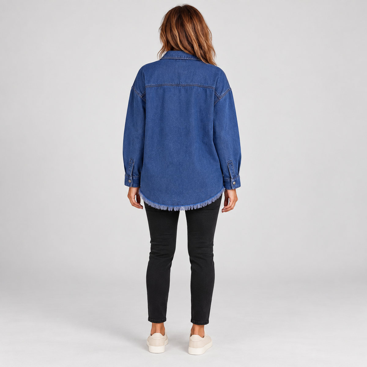 Women's Raw Hem Snap Button Washed Denim Jacket