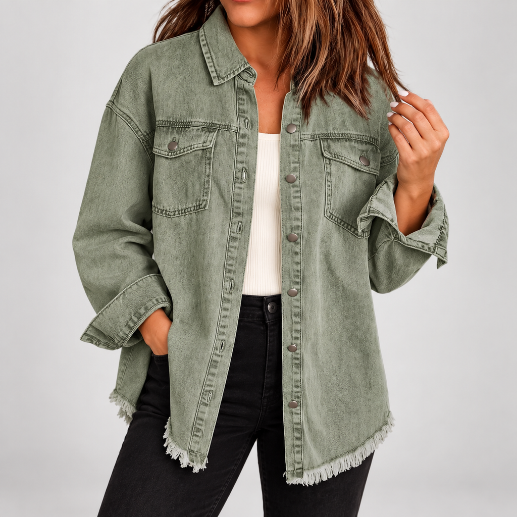 Women's Raw Hem Snap Button Washed Denim Jacket