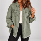 Women's Raw Hem Snap Button Washed Denim Jacket