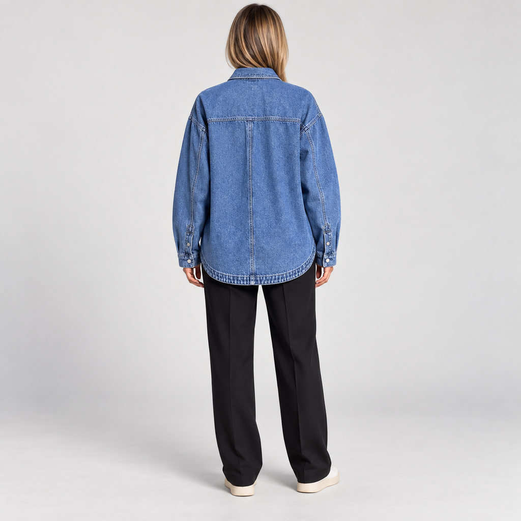Women's Oversized Button Down Washed Denim Jacket Long Sleeve