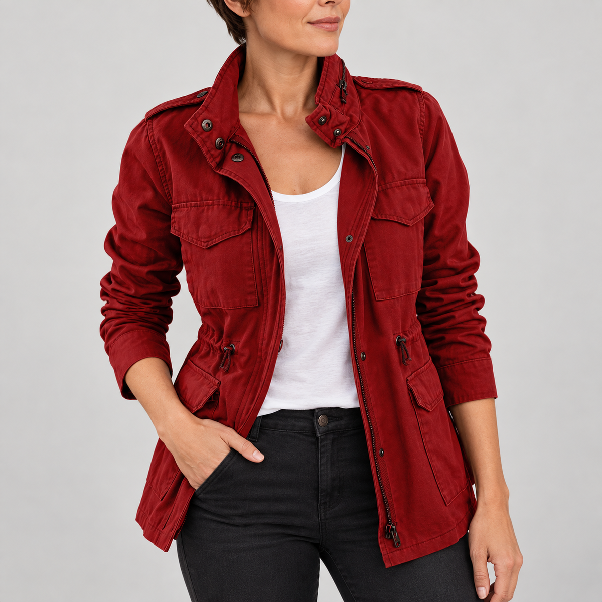 Women's Utility Cargo Jacket with Multi Pocket Drawstring Waist