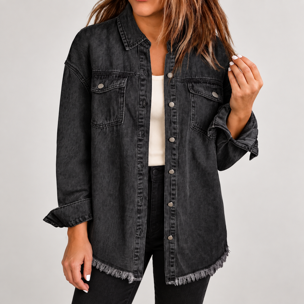 Women's Raw Hem Snap Button Washed Denim Jacket