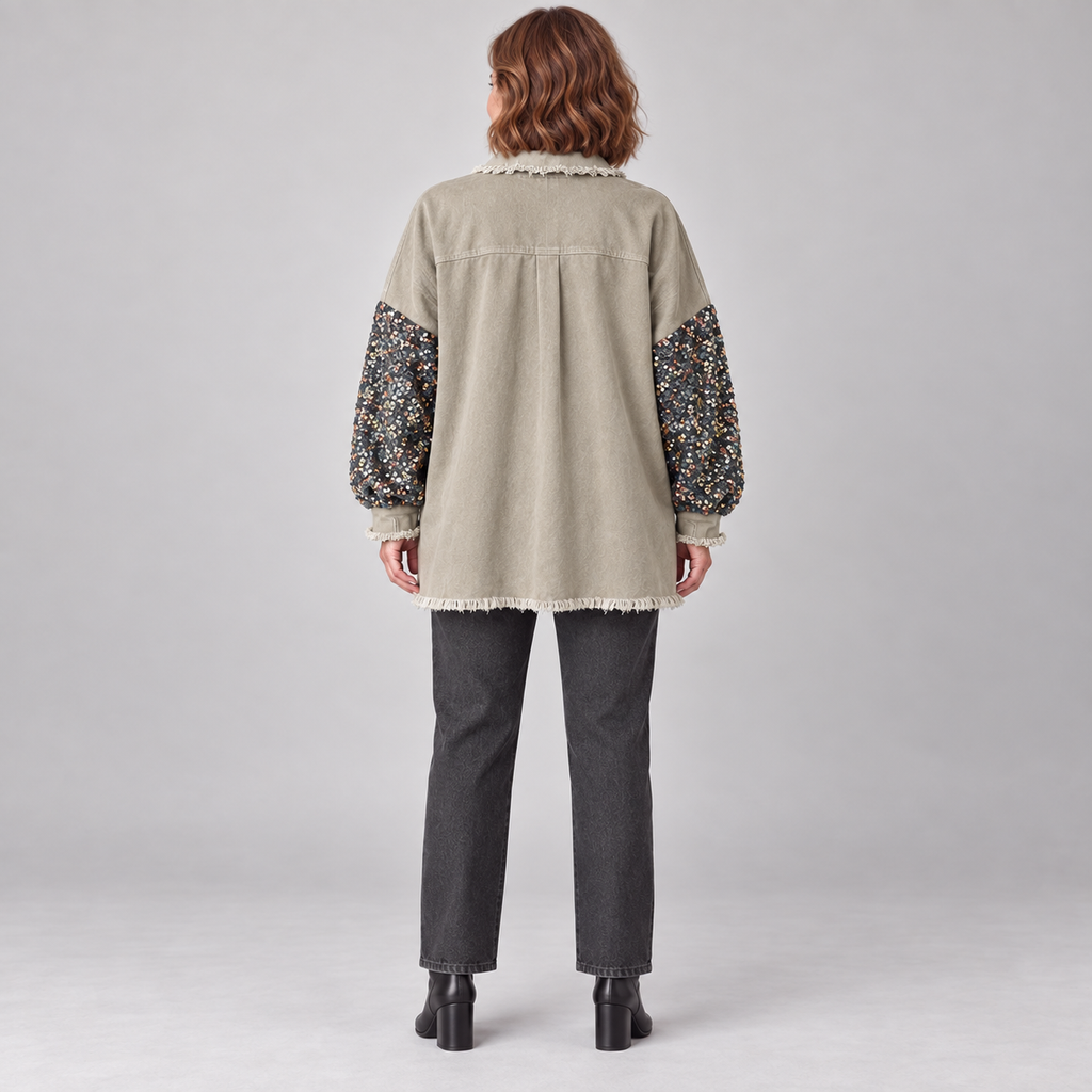 NENITA™ - Chic Oversized Sequin Hem Collared Button Down Jacket