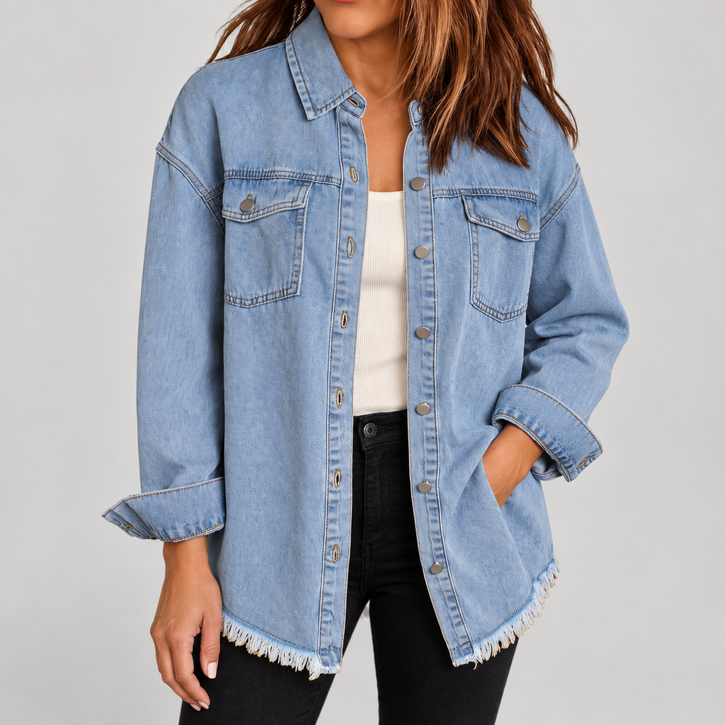 Women's Raw Hem Snap Button Washed Denim Jacket