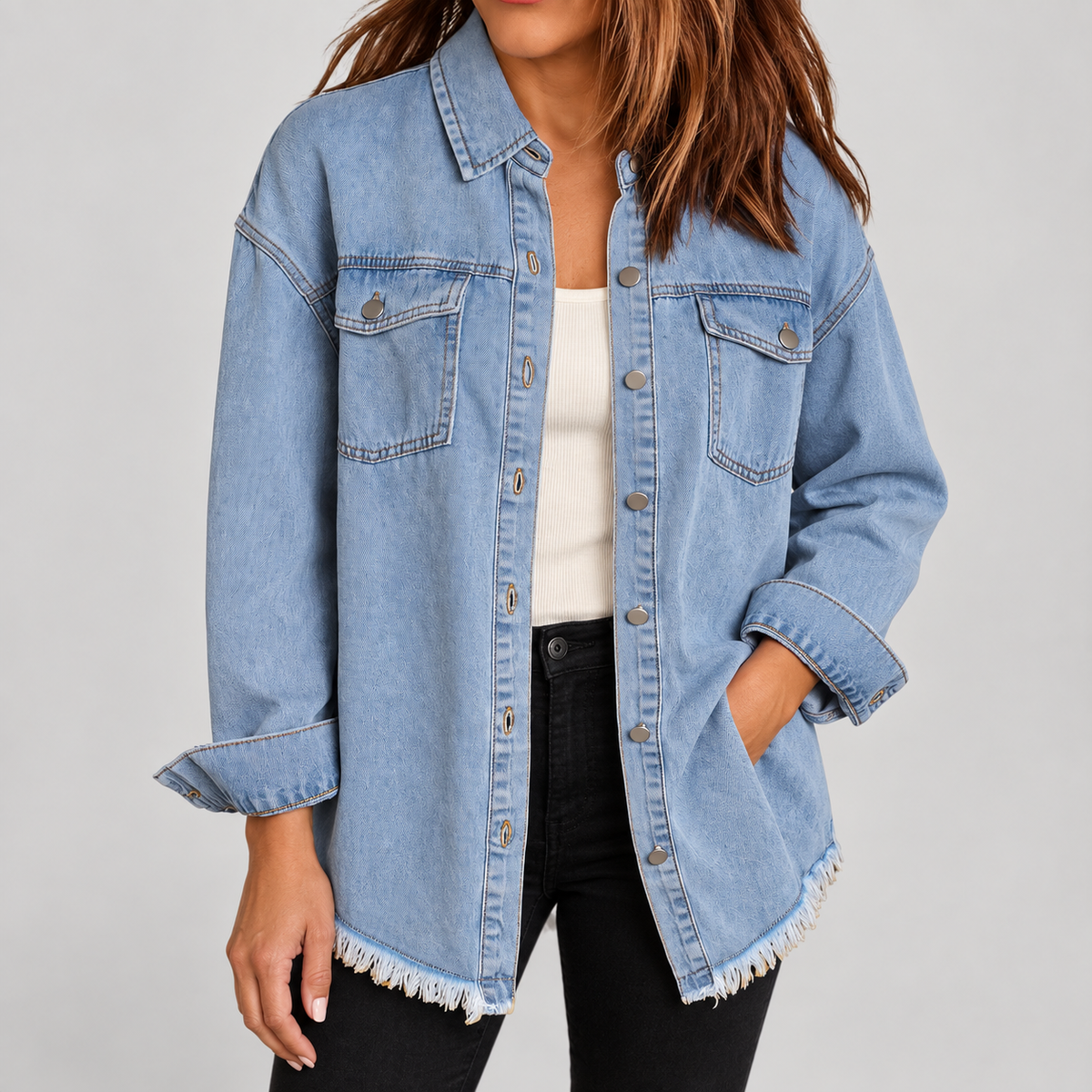 Women's Raw Hem Snap Button Washed Denim Jacket