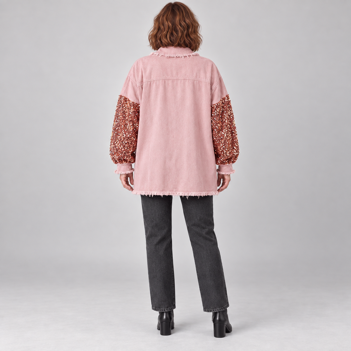 NENITA™ - Chic Oversized Sequin Hem Collared Button Down Jacket