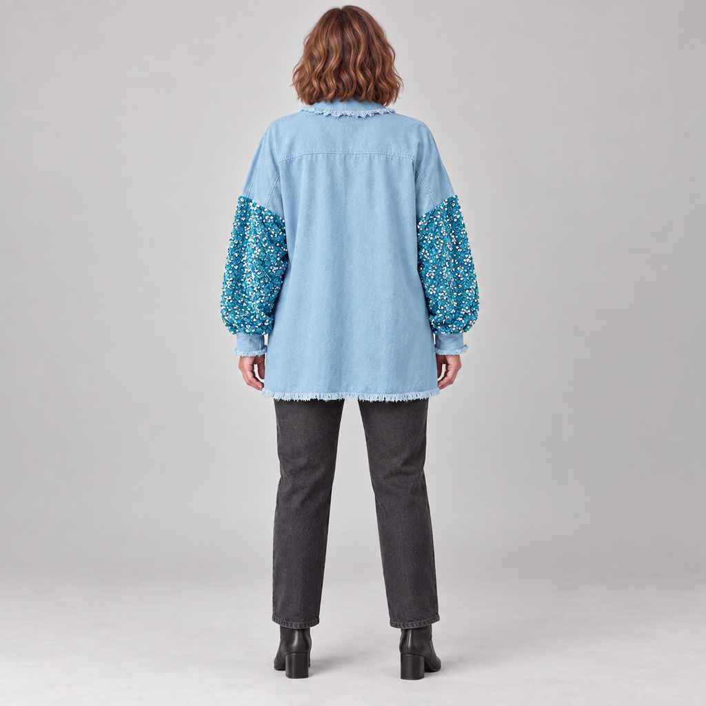 NENITA™ - Chic Oversized Sequin Hem Collared Button Down Jacket