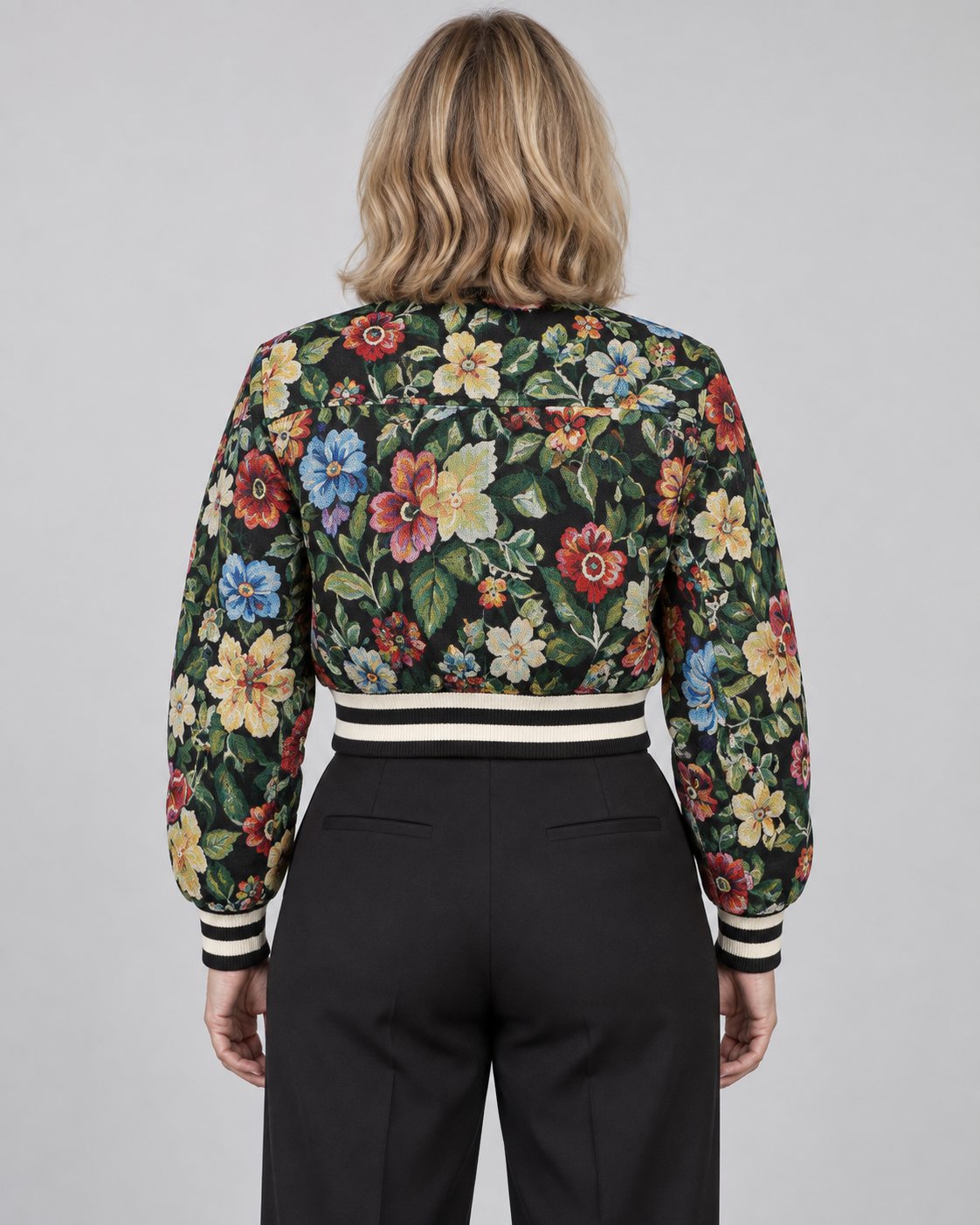 HARA™ - Chic Floral Print Collared Crop Long Sleeve Jacket