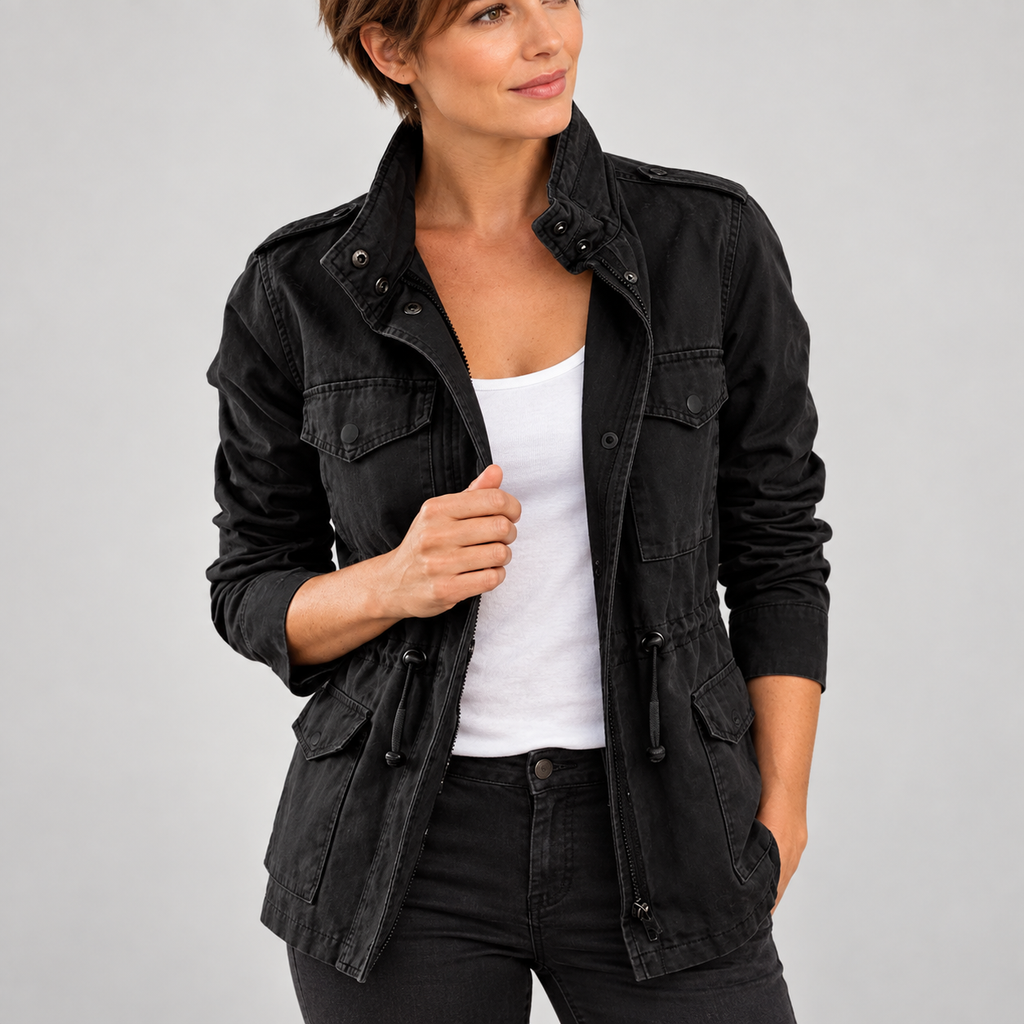 Women's Utility Cargo Jacket with Multi Pocket Drawstring Waist