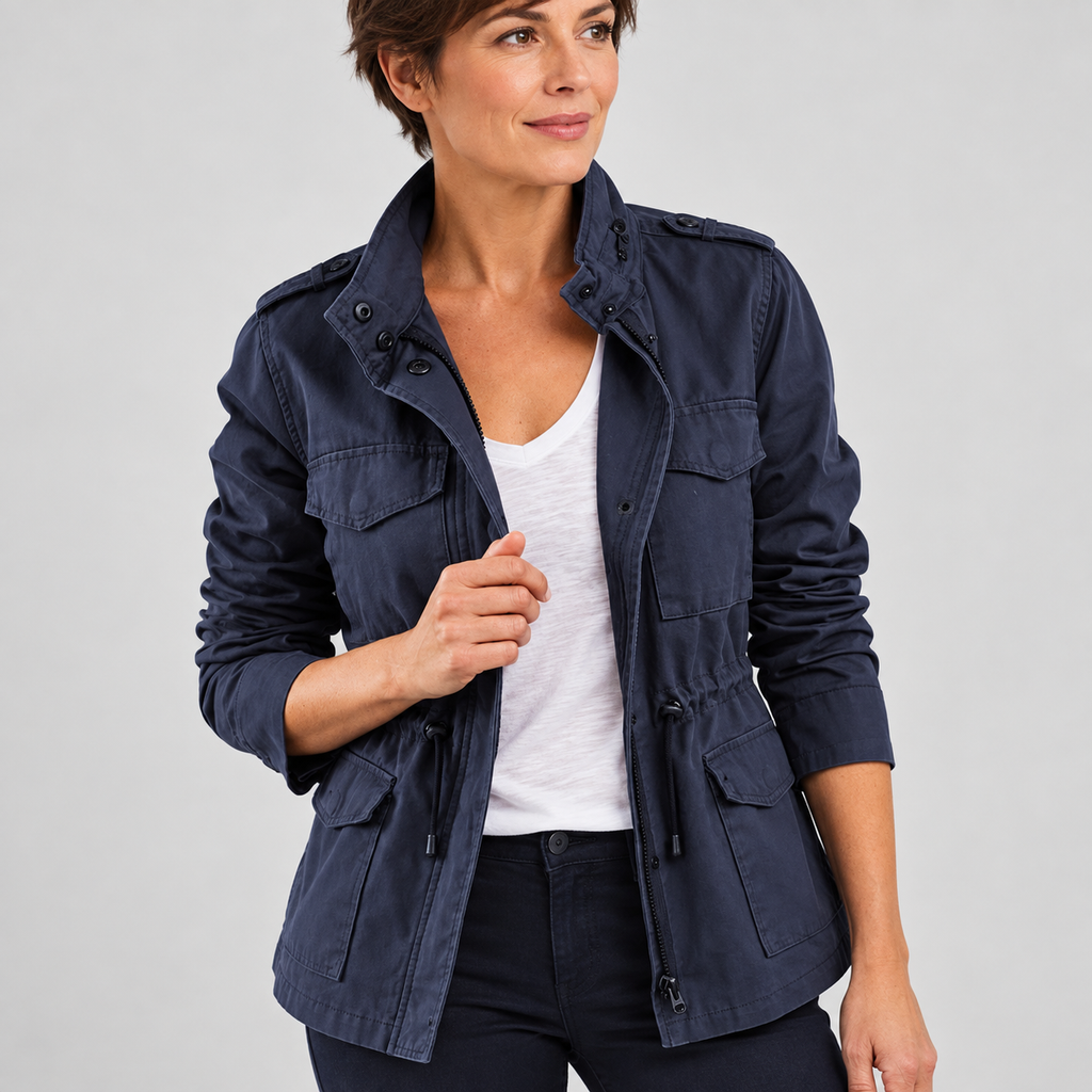 Women's Utility Cargo Jacket with Multi Pocket Drawstring Waist