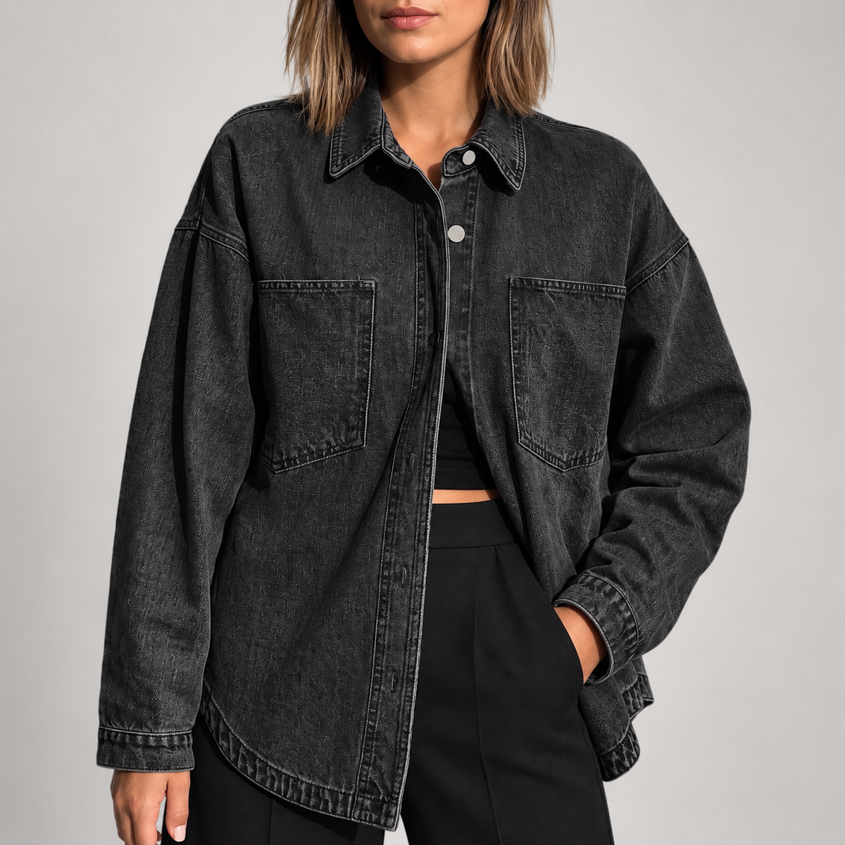 Women's Oversized Button Down Washed Denim Jacket Long Sleeve