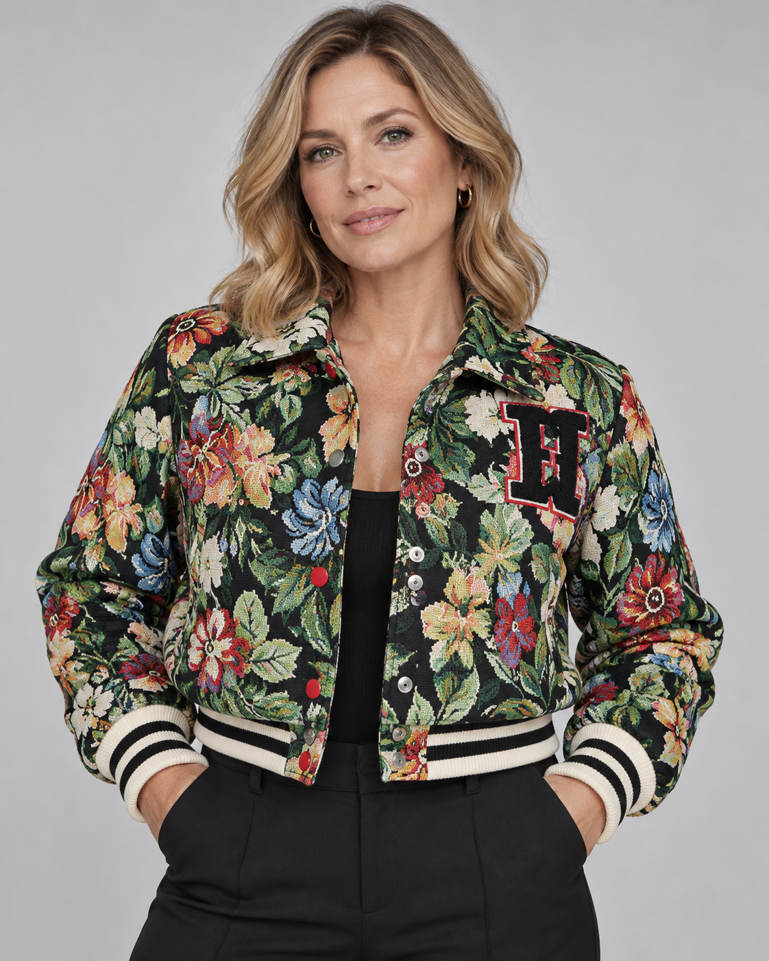 HARA™ - Chic Floral Print Collared Crop Long Sleeve Jacket