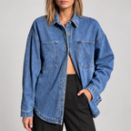 Women's Oversized Button Down Washed Denim Jacket Long Sleeve