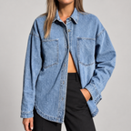 Women's Oversized Button Down Washed Denim Jacket Long Sleeve