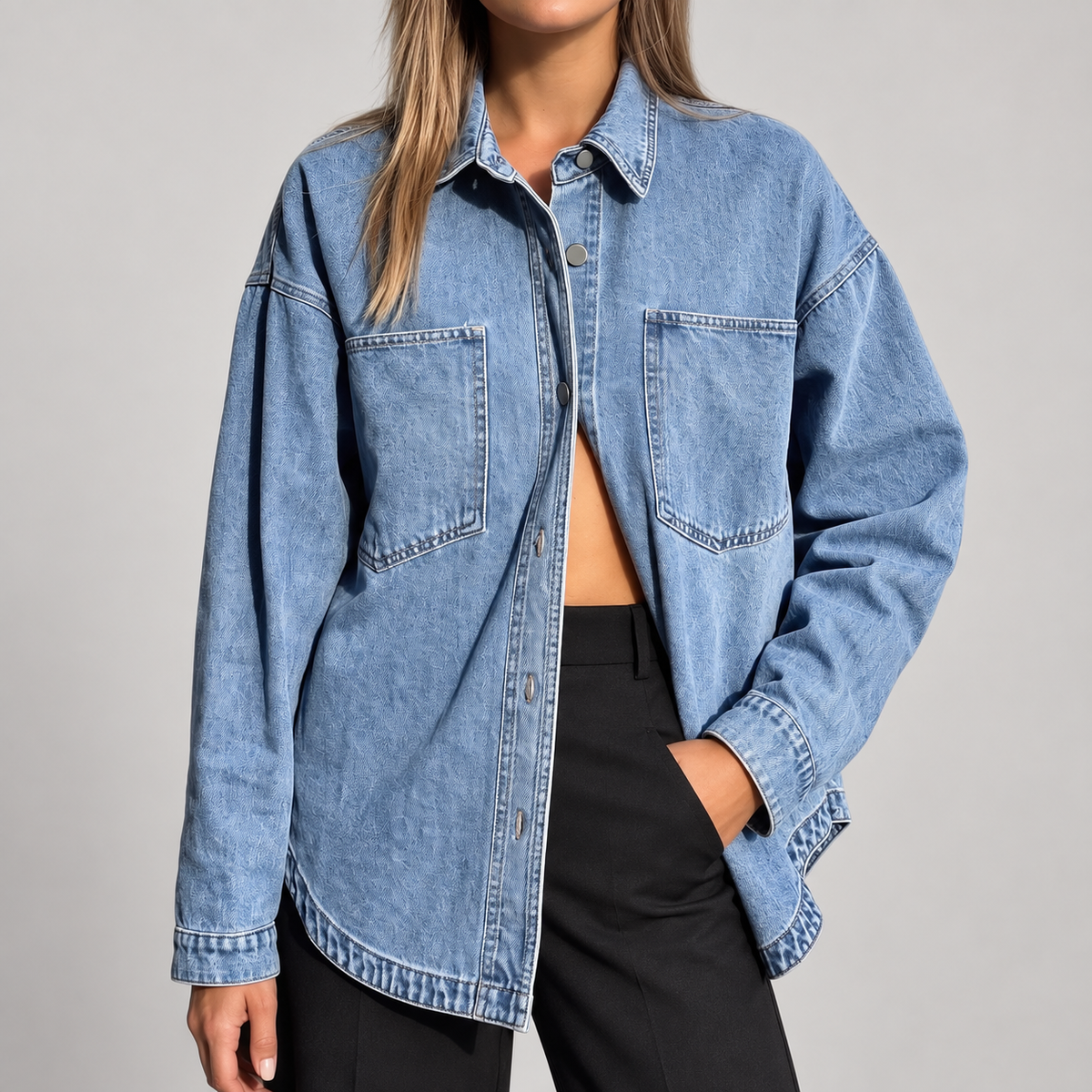Women's Oversized Button Down Washed Denim Jacket Long Sleeve