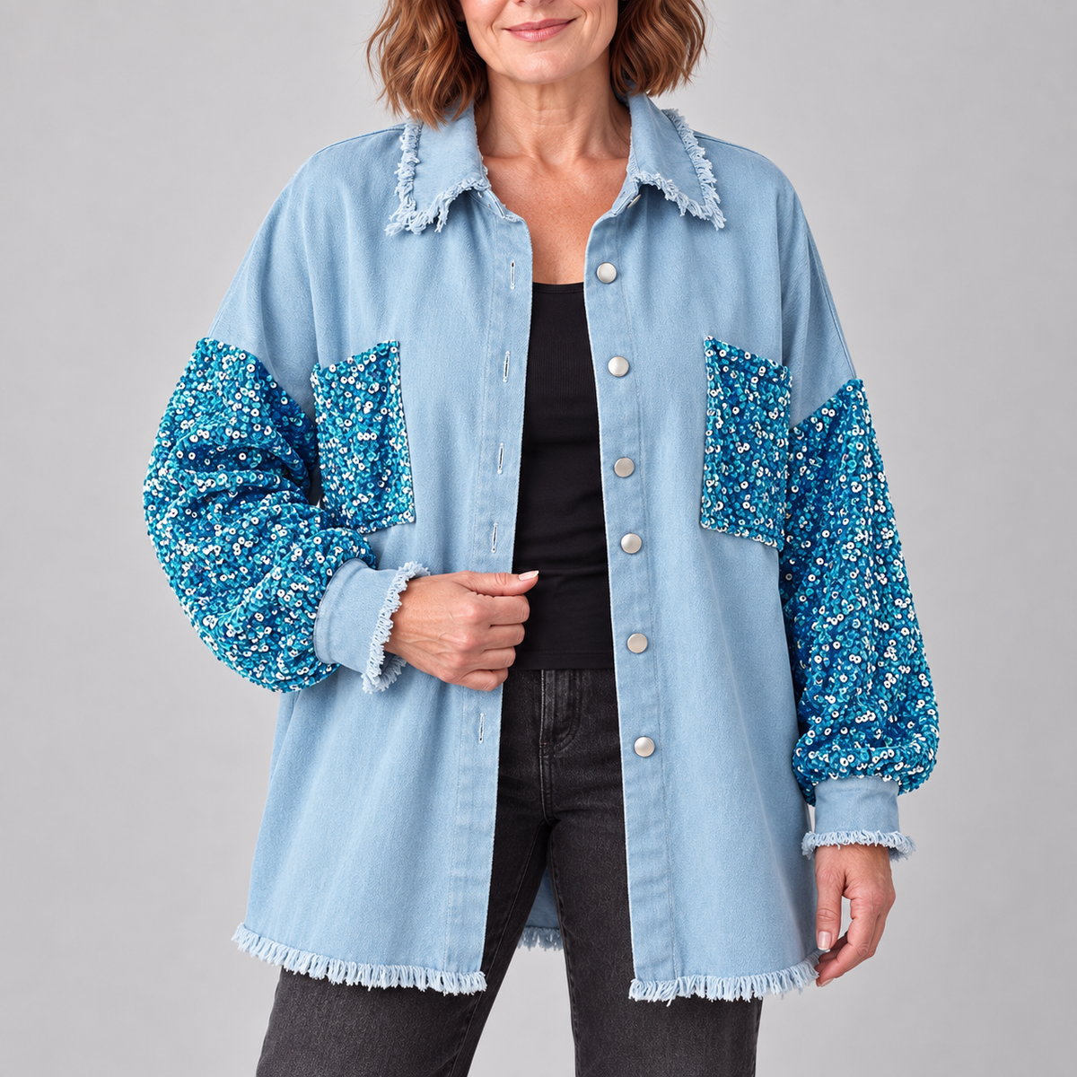 NENITA™ - Chic Oversized Sequin Hem Collared Button Down Jacket