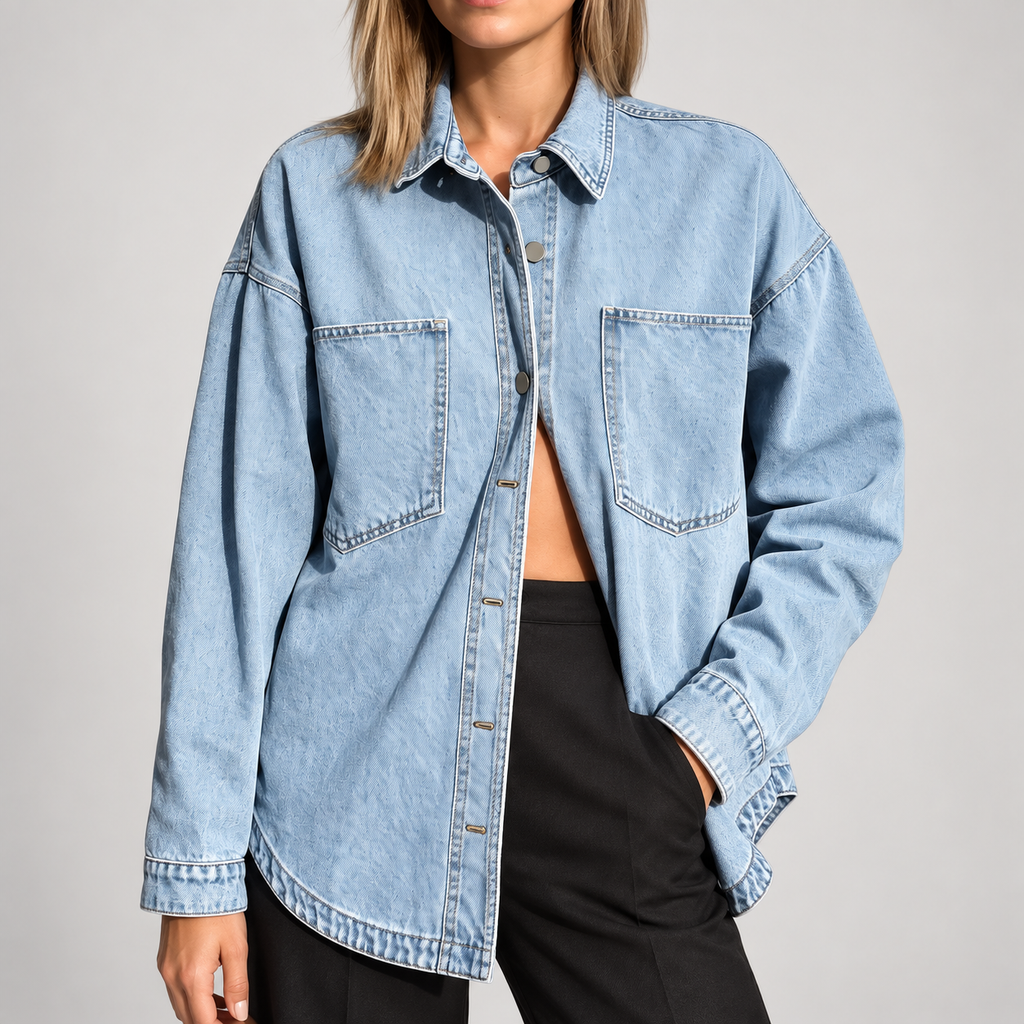 Women's Oversized Button Down Washed Denim Jacket Long Sleeve
