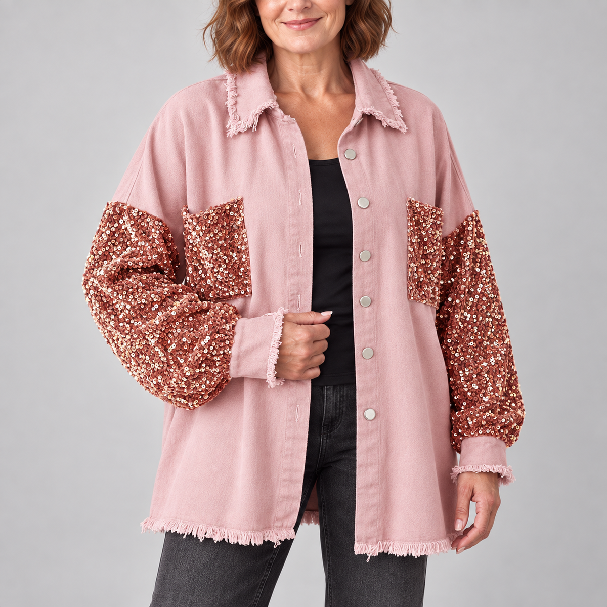 NENITA™ - Chic Oversized Sequin Hem Collared Button Down Jacket
