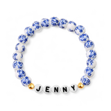 Custom Name Blue Porcelain Floral Beaded Bracelet