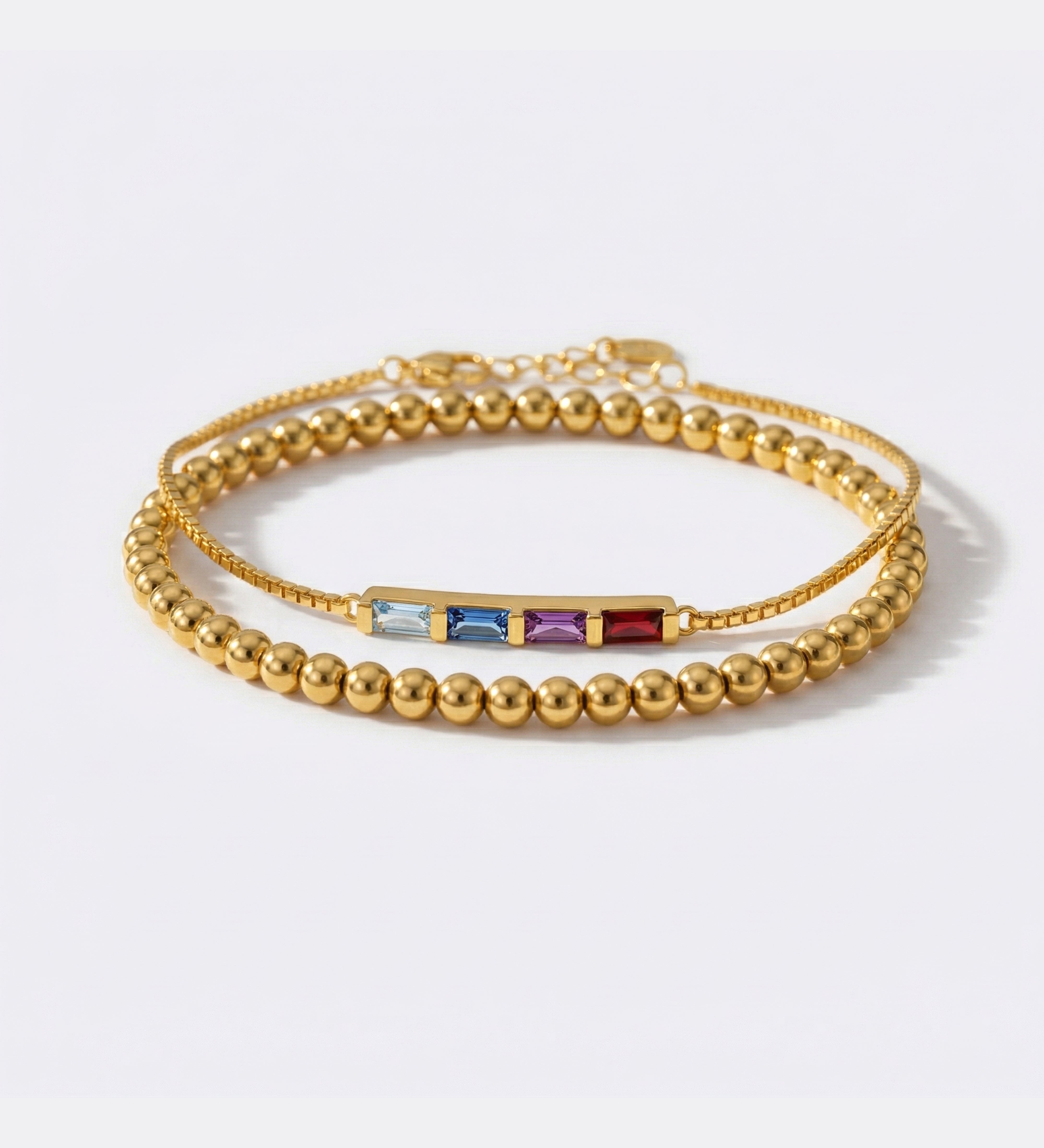 Dainty Baguette Birthstone Bracelet and Beaded Stacking Bracelet Set