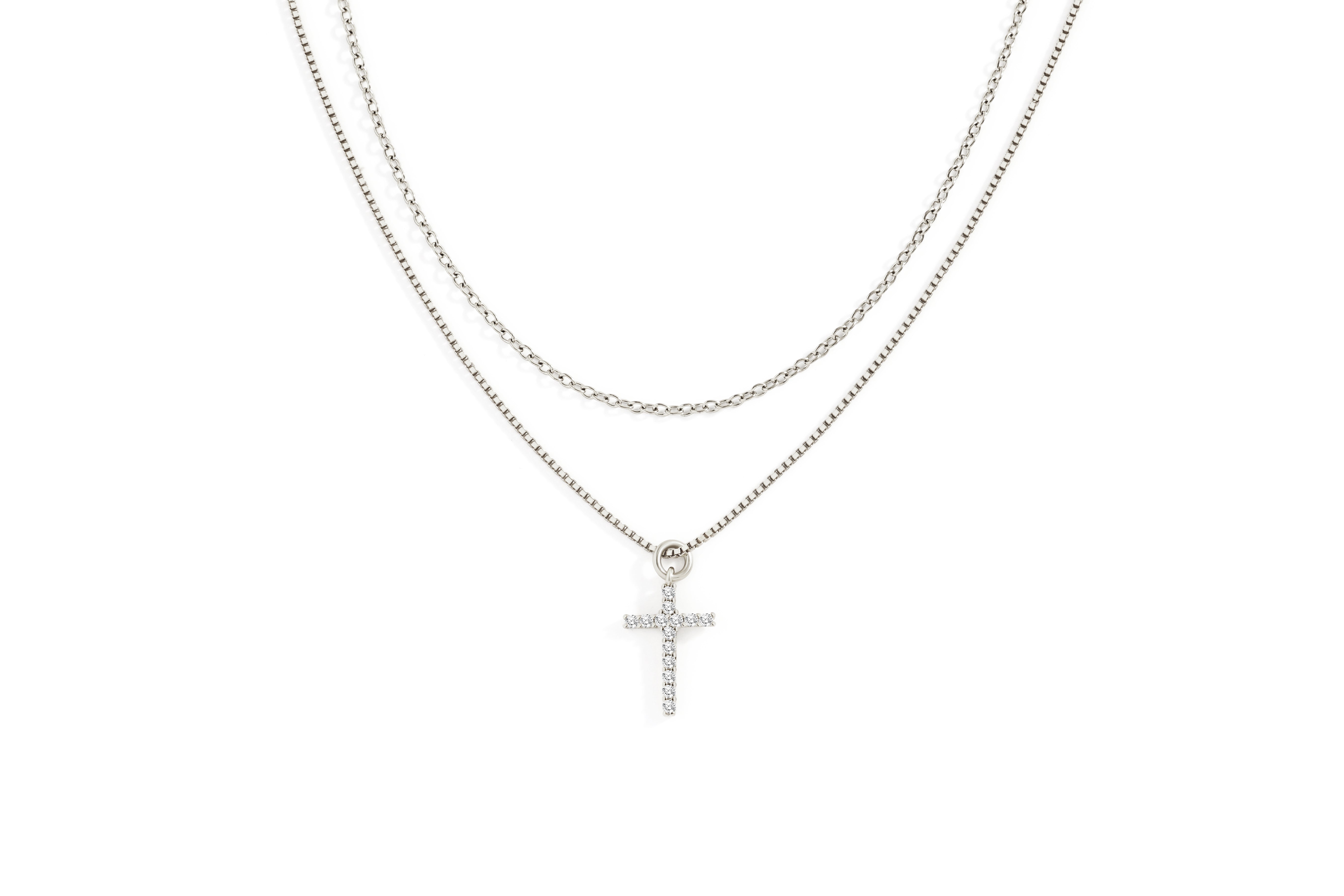 Dainty Cable Necklace with Pave Cross Chain Necklace Stacking Set