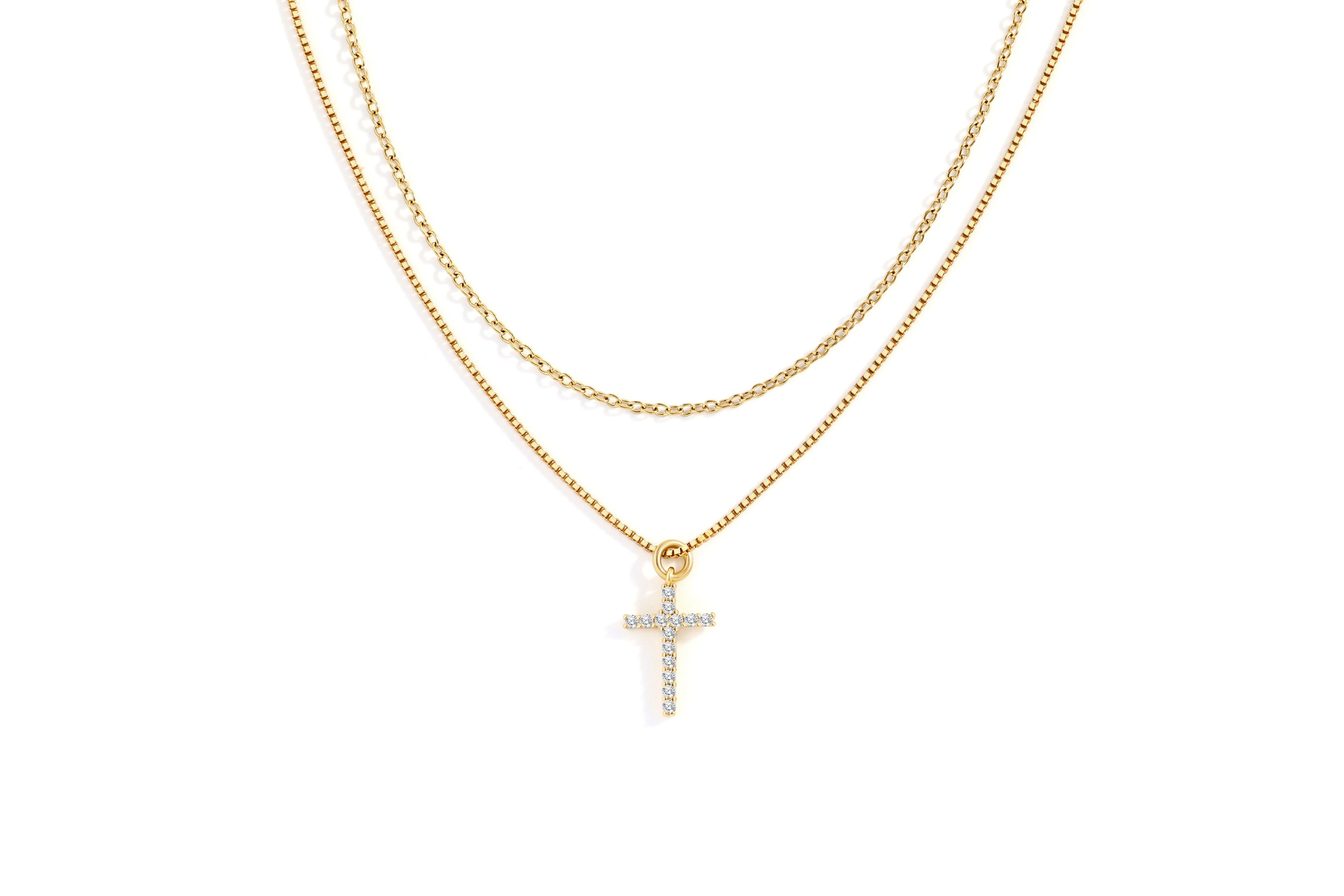 Dainty Cable Necklace with Pave Cross Chain Necklace Stacking Set
